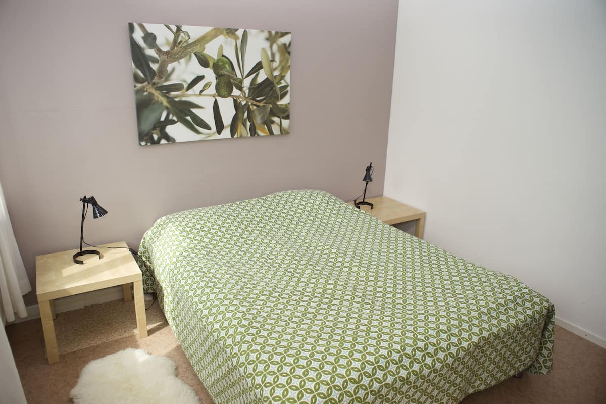 A bedroom with a bed, two nightstands, a lamp on each, a wall-mounted picture, and a white furry rug.