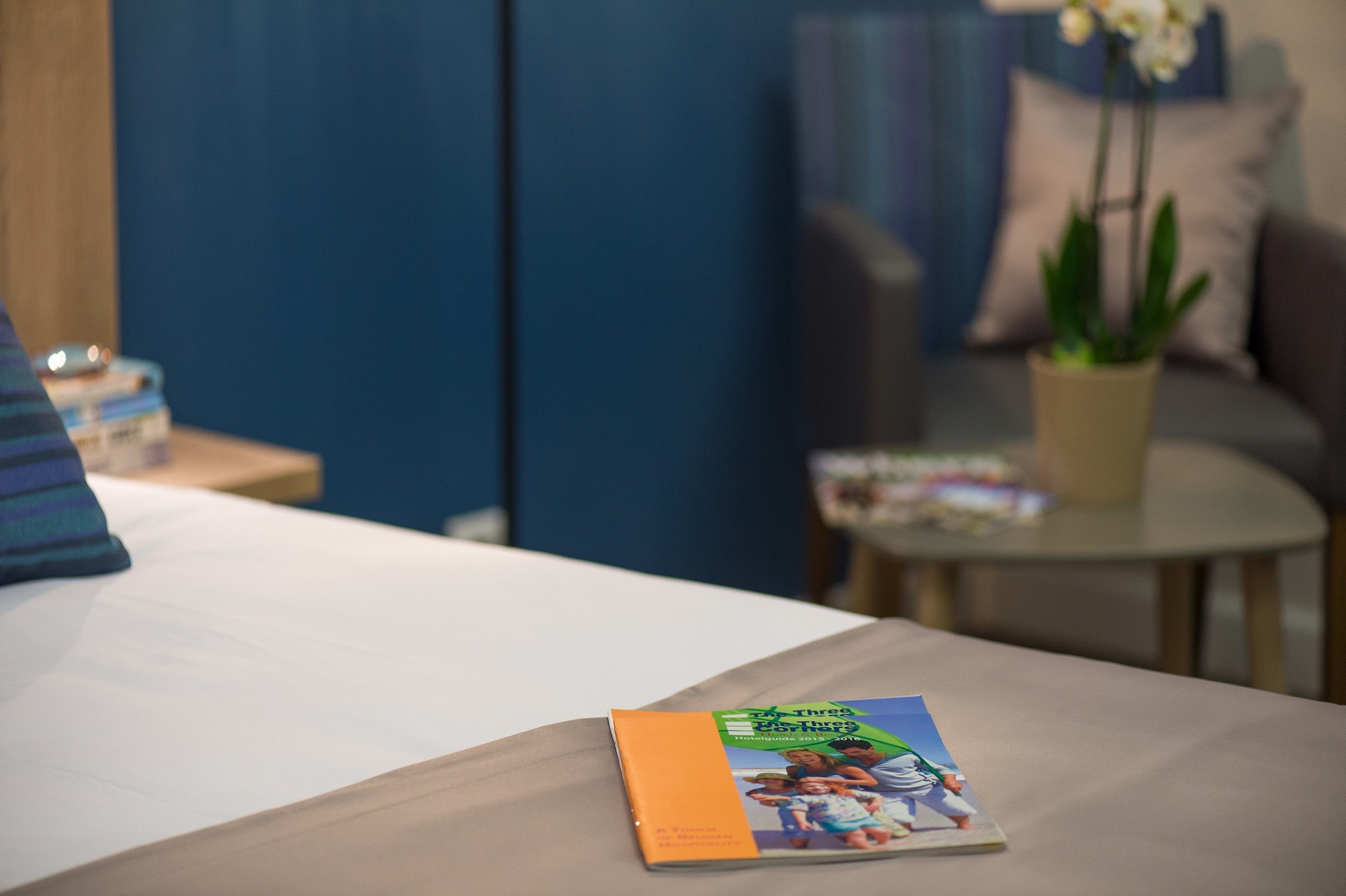 Una cama bien tendida con una revista encima, una mesita con una planta y una pared azul de fondo.
