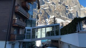 A modern building with a glass facade and wooden balconies, set against a backdrop of snow-capped mountains.