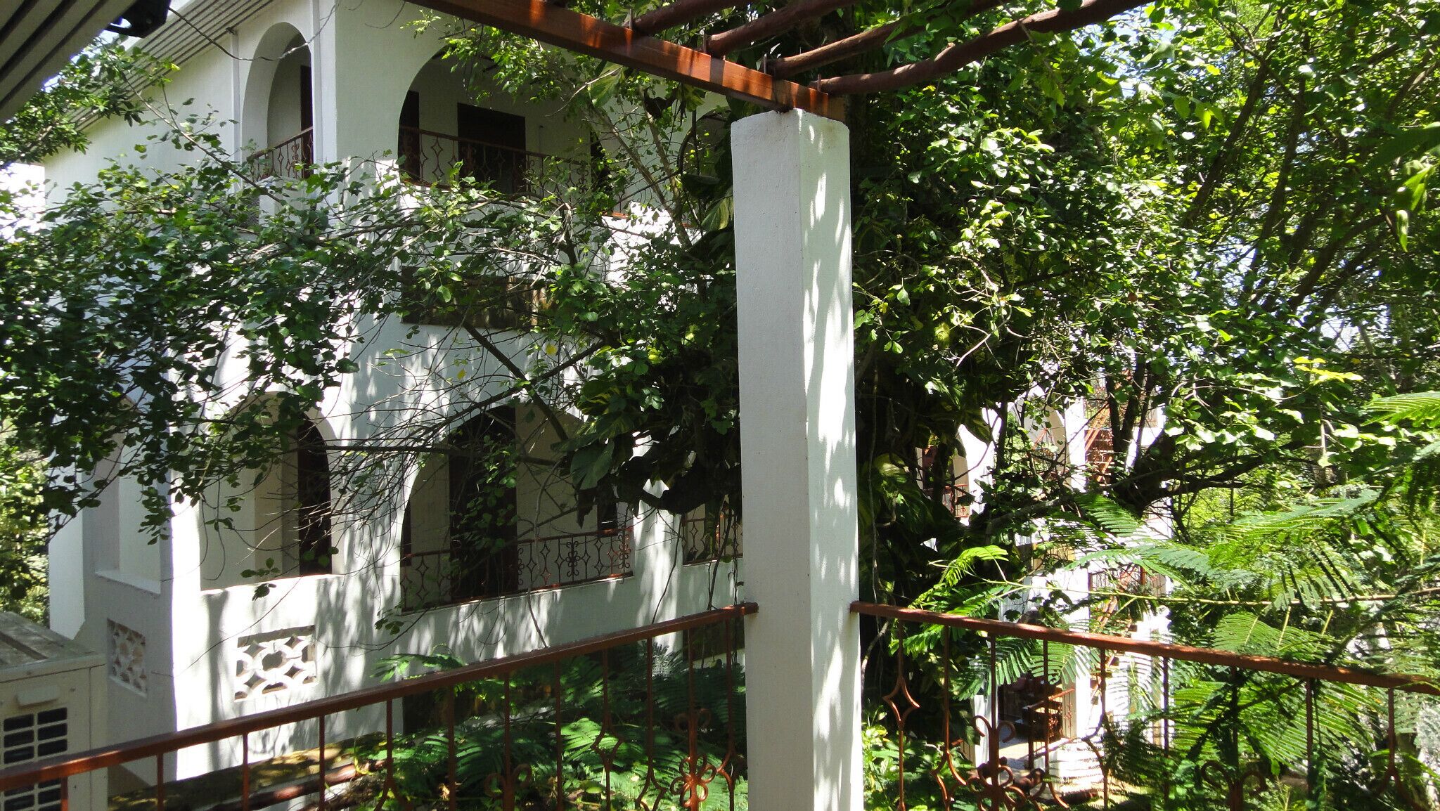 Un edificio blanco con ventanas de arco y un balcón, rodeado de abundante vegetación.