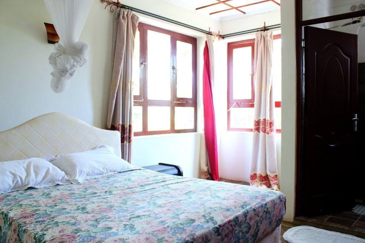 Une pièce avec un lit, des rideaux, une fenêtre et une porte.