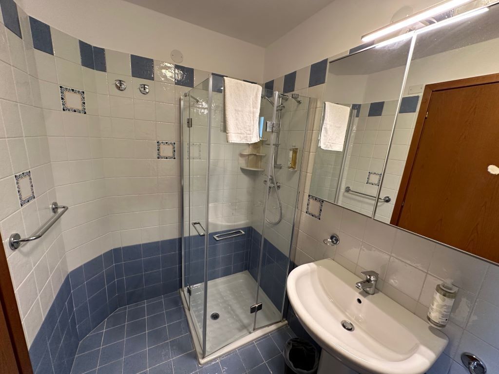 Une salle de bain avec une douche à parois de verre, un lavabo blanc et un miroir.
