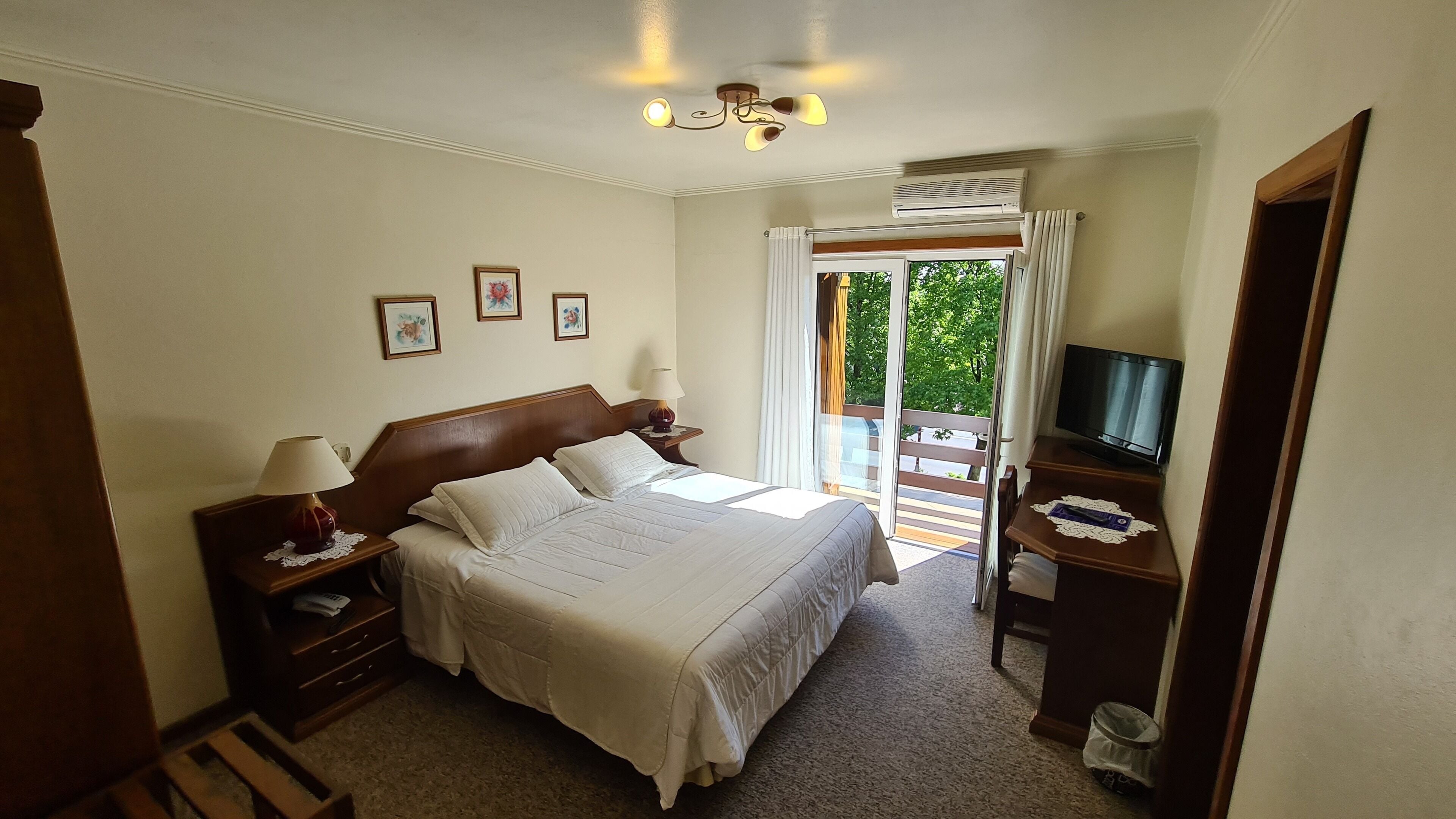 Een hotelkamer met een bed, een televisie, een bureau en een balkon met uitzicht op groen.