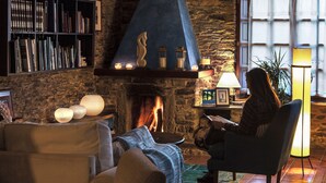 Een gezellige woonkamer met een stenen open haard, een boekenplank en een comfortabele zithoek.