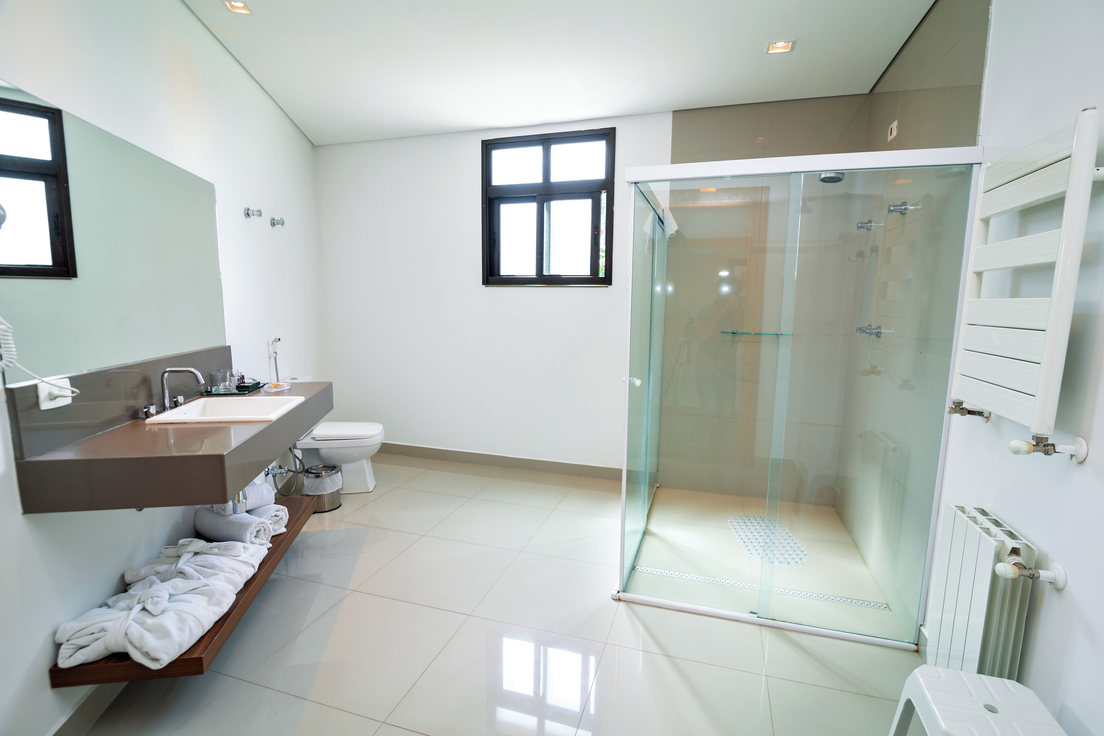 A modern bathroom with a glass-enclosed shower, a vanity with a mirror, and a toilet.