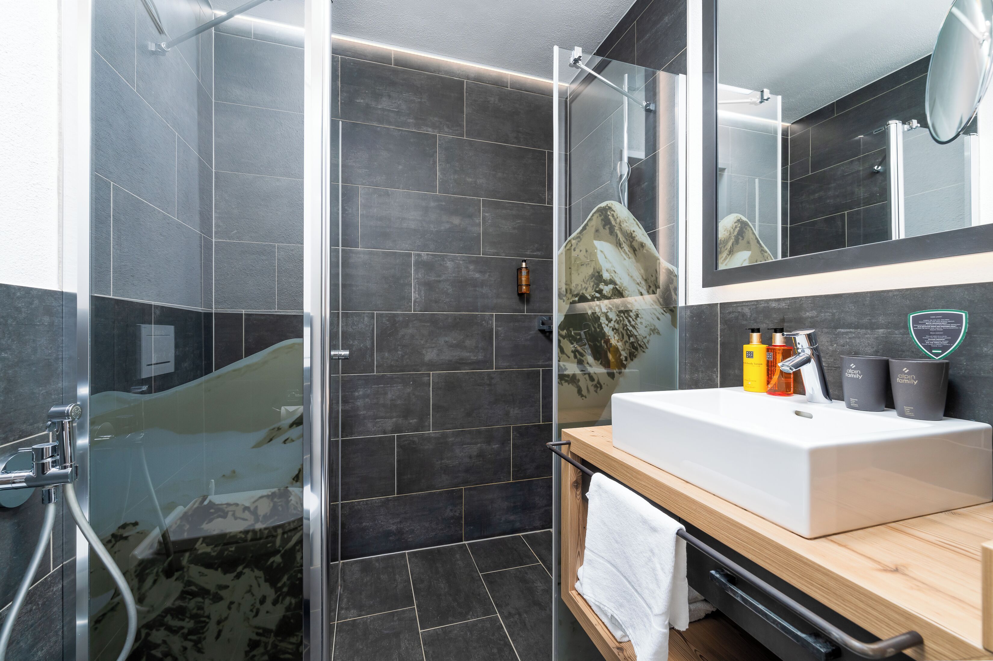 A modern bathroom with a glass shower enclosure, a white sink, and a wooden vanity.
