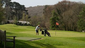 A golf course with a flagstick, a golf bag, and a bench.