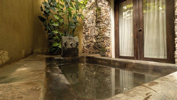 Una piscina de piedra con una planta en maceta, un muro de piedra y una puerta de madera con cortinas.