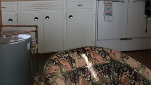 A compact kitchen with white cabinets, a stove, and a sink. There is a floral-patterned armchair in the foreground. - Chapel Hill Motel (Moran)