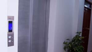 A hallway with a closed elevator, a potted plant, and a door. - Hotel Peru Real (Cusco)