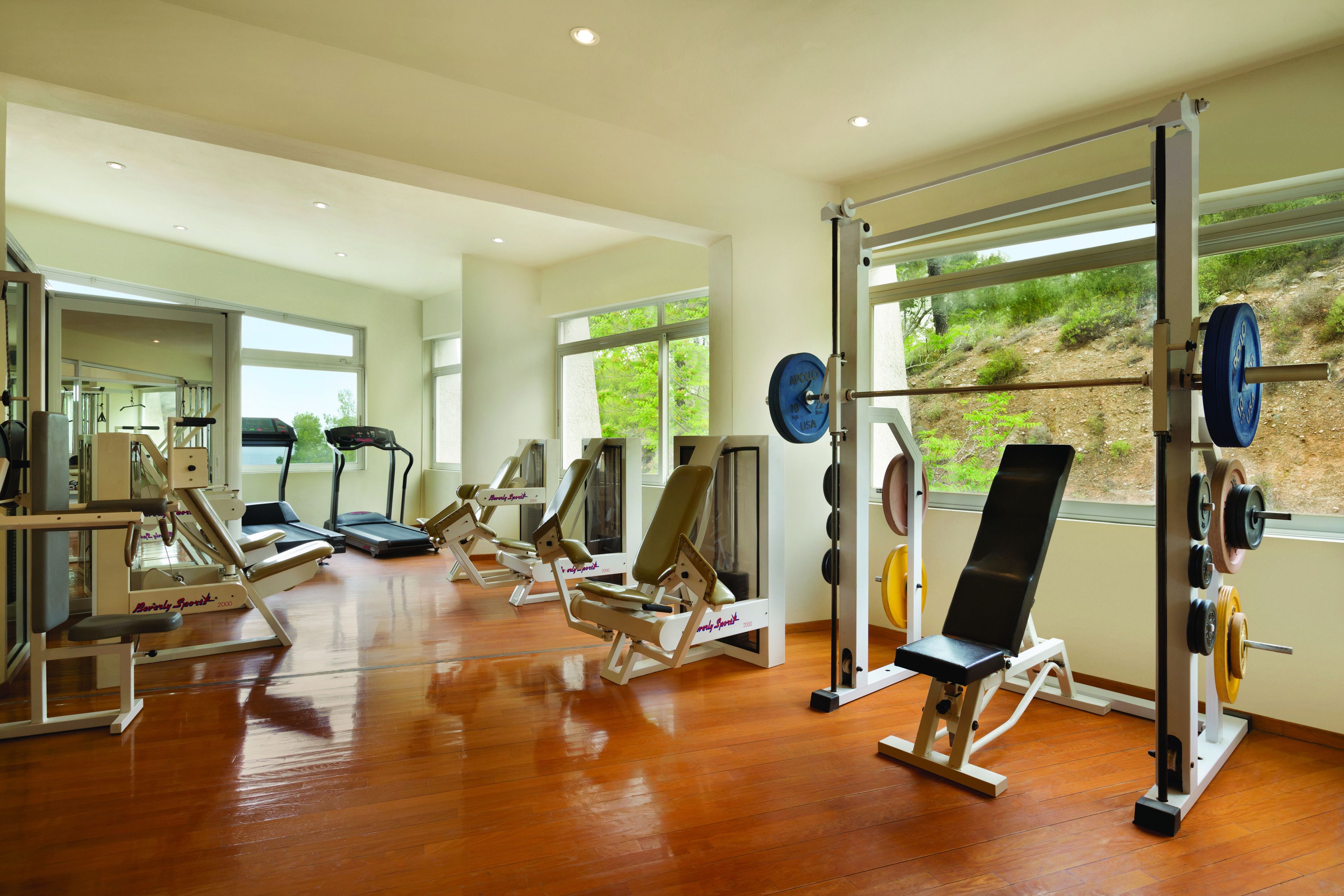 Un gimnasio con equipo de ejercicio diverso, ventanas amplias y suelo de madera.