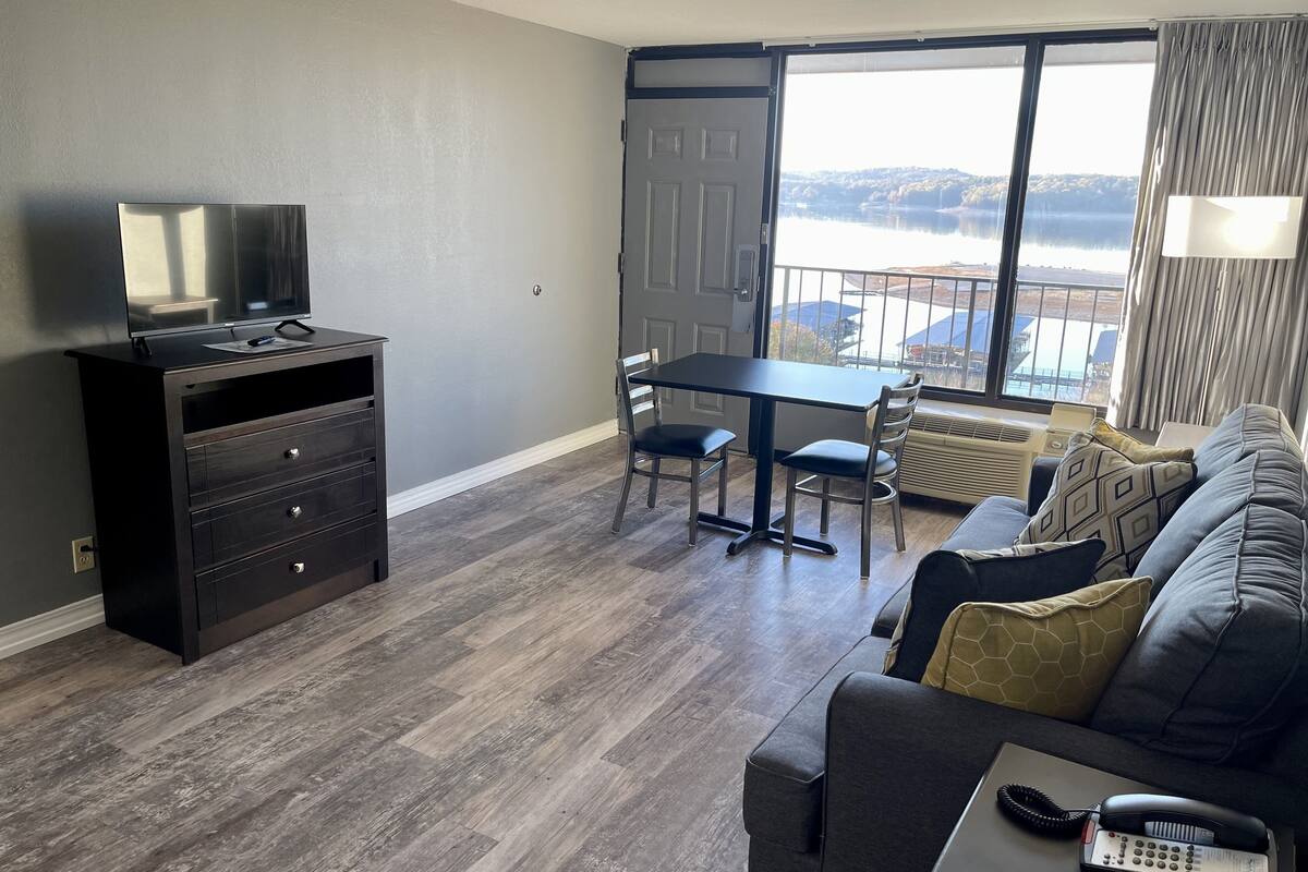 A modern living room with a dark wood floor, a black entertainment unit, a gray sofa with patterned cushions, a dining table with chairs, and a large window offering a view of a lake and distant buildings.