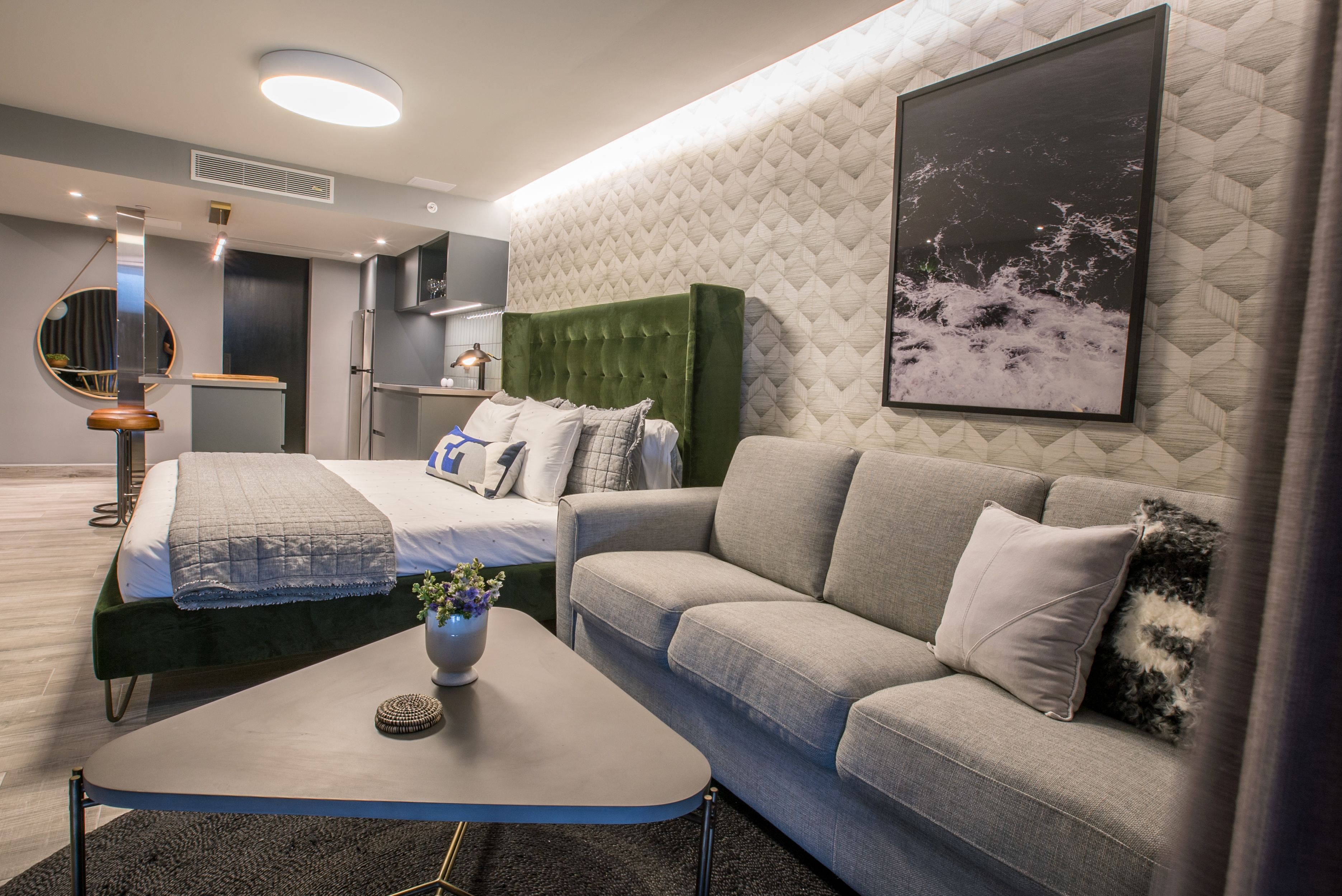 panoramic studio suite, 1 king bed with sofa bed, kitchen, ocean view | living area | flat-screen tv, netflix, pay films