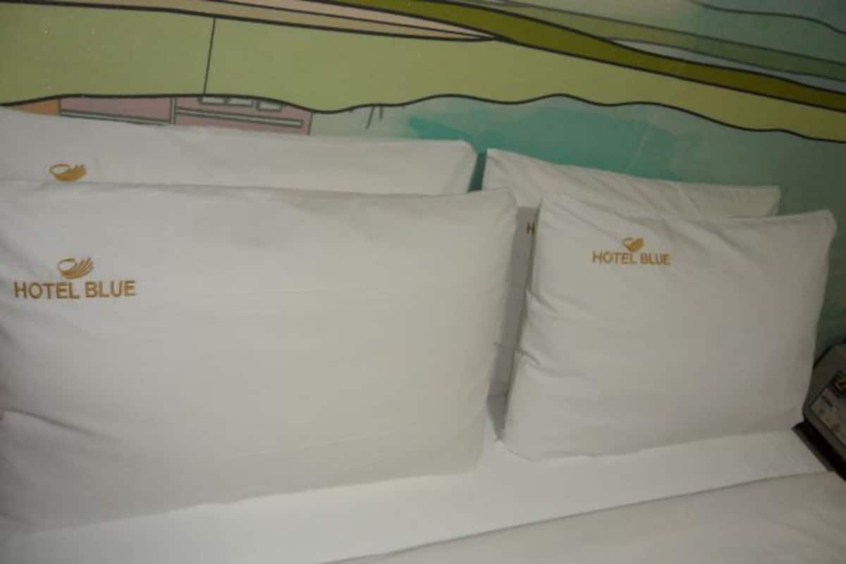 A hotel bed with pillows labeled "HOTEL BLUE" and a wall with a colorful mural.