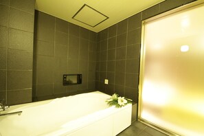 Separate bathtub and shower, jetted bath, free toiletries, hair dryer