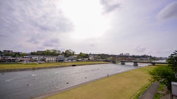 A river with a bridge, grassy banks, and buildings in the background.