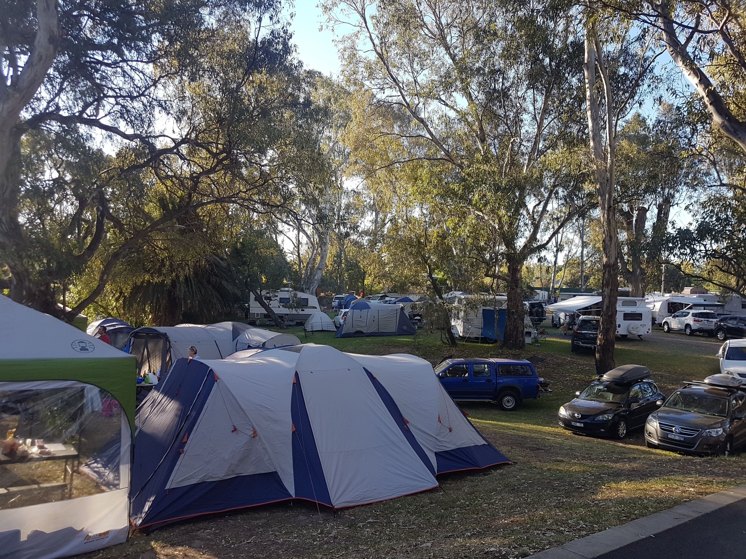 A campsite with multiple tents and RVs.