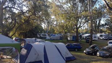 A campsite with multiple tents and RVs.