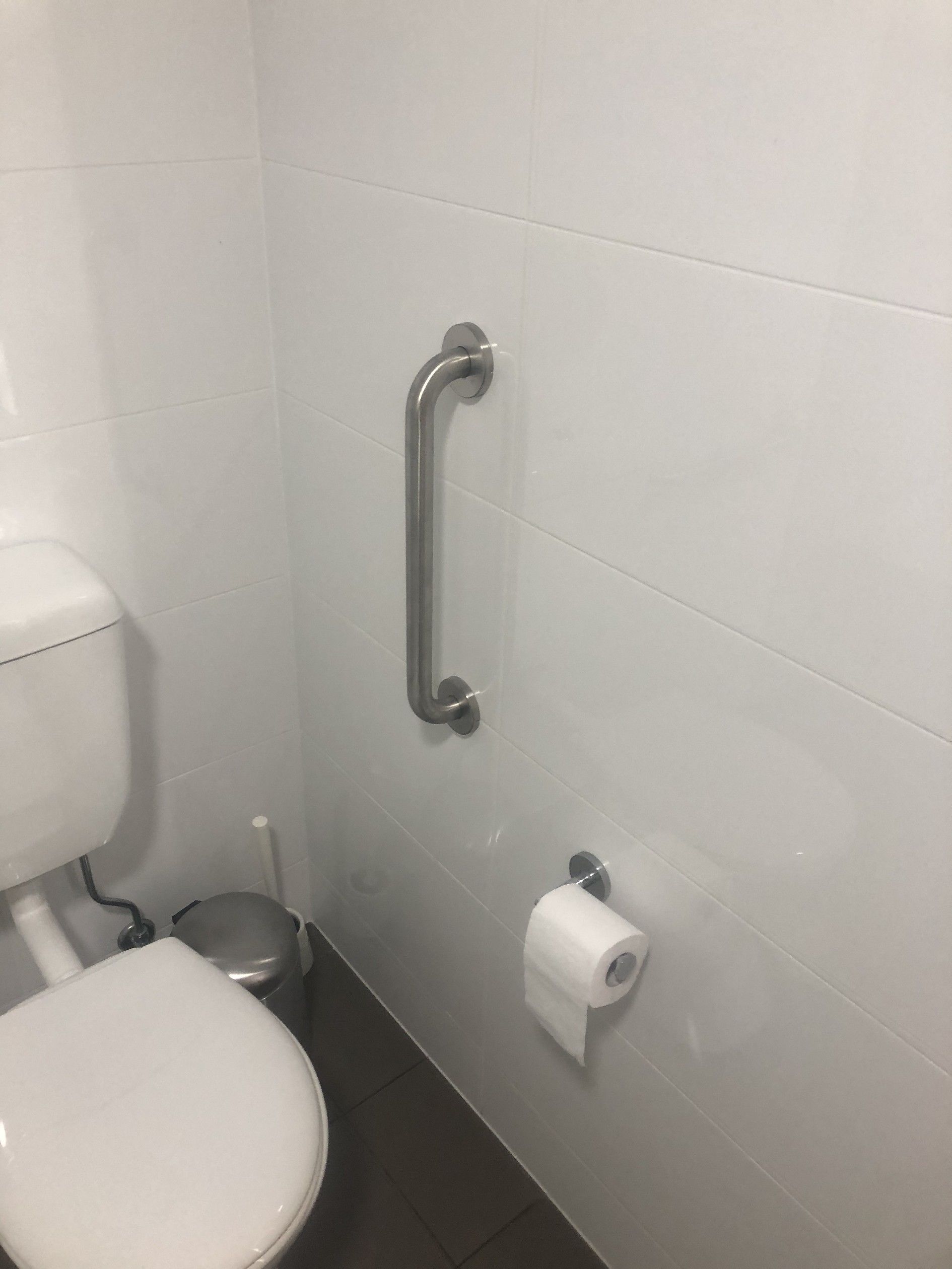 A bathroom with a white toilet, a grab bar, and a toilet paper holder on the wall.