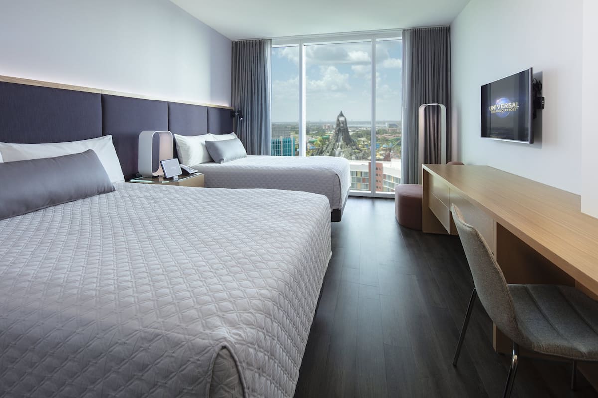 A hotel room with two beds, a desk, a chair, a TV, and a large window with a city view.