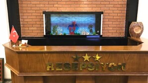 Una recepción con una pantalla de televisión que muestra una escena submarina, una bandera turca y un letrero de madera con estrellas.