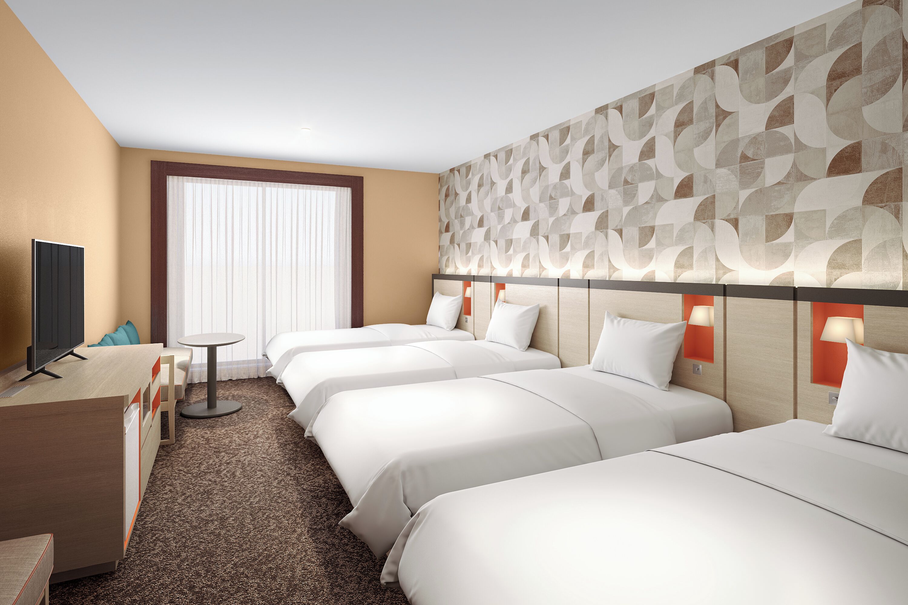 A hotel room with three beds, a desk, a TV, and a window with blinds.