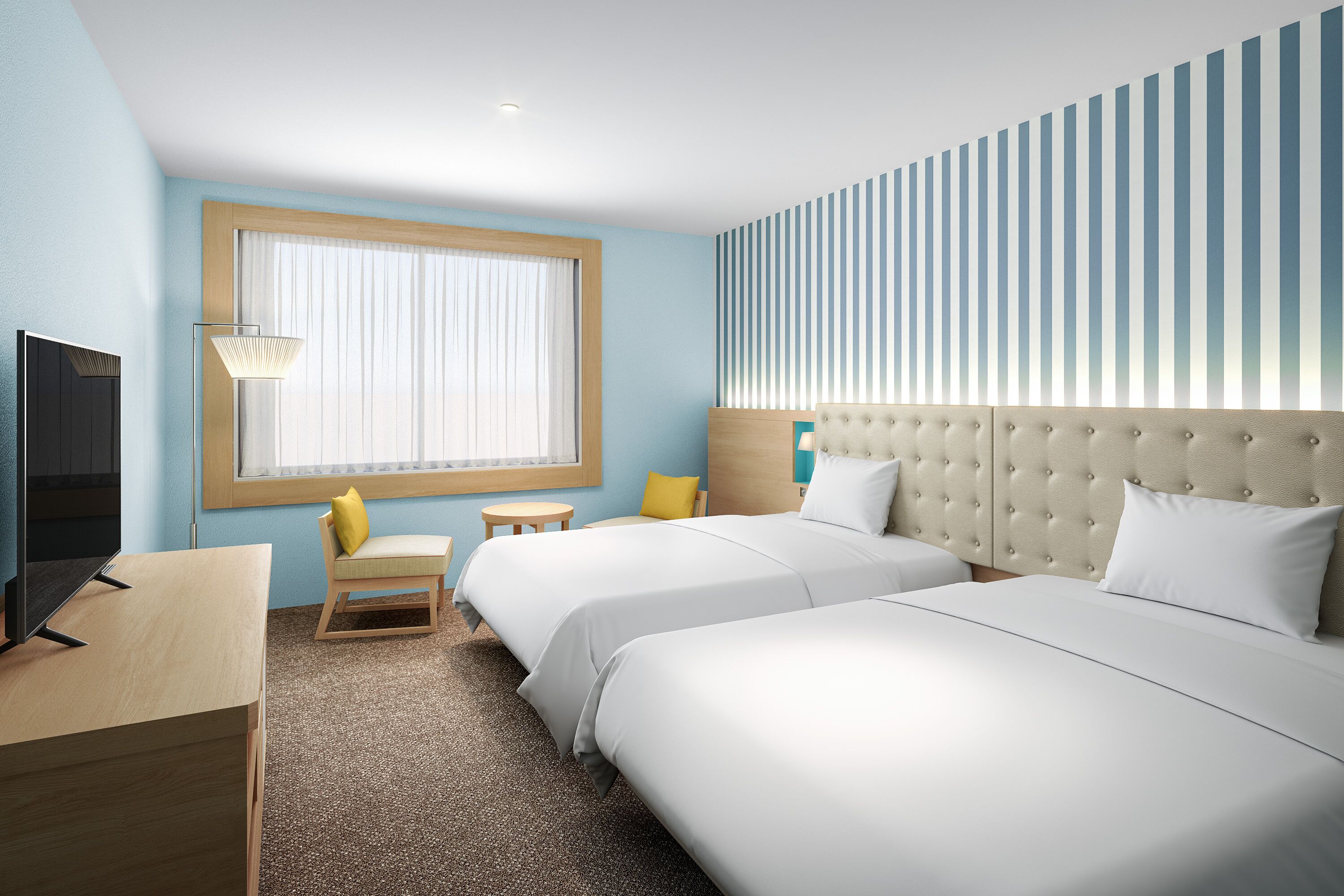 A hotel room with two beds, a desk, a chair, a TV, and a window with blinds.
