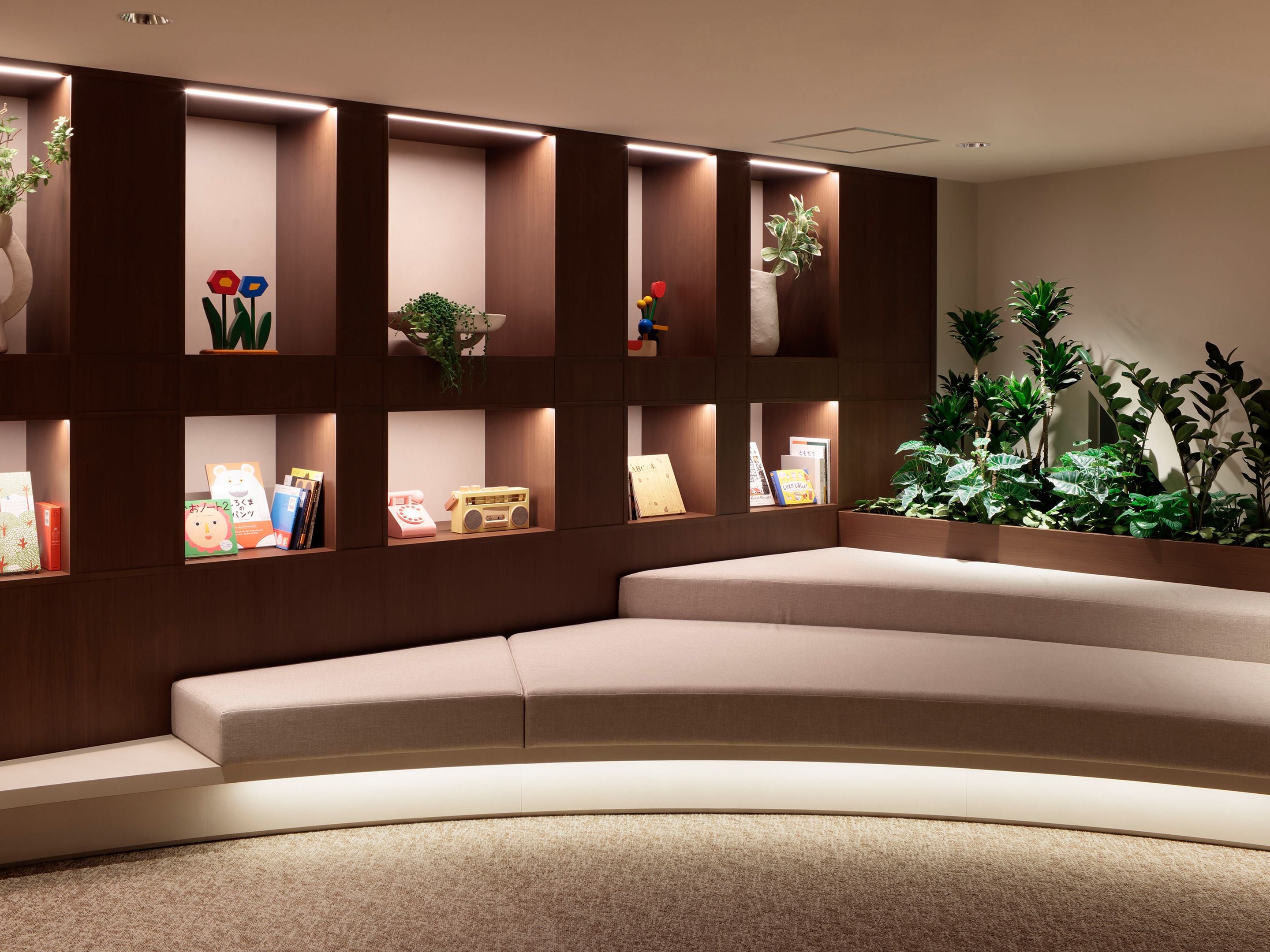 A modern interior with a curved sofa, wooden shelving with various items, and potted plants.
