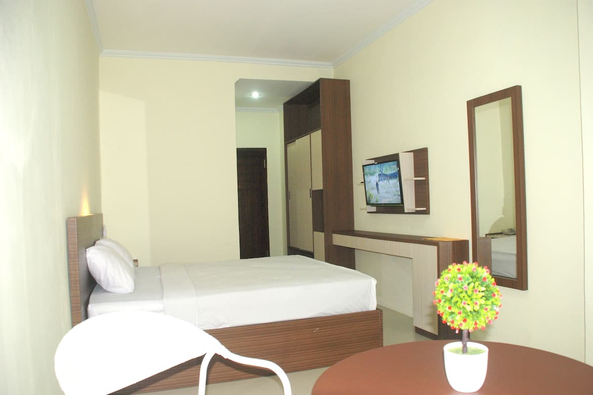 A hotel room with a bed, a TV, a mirror, a small table with a plant, and a chair.