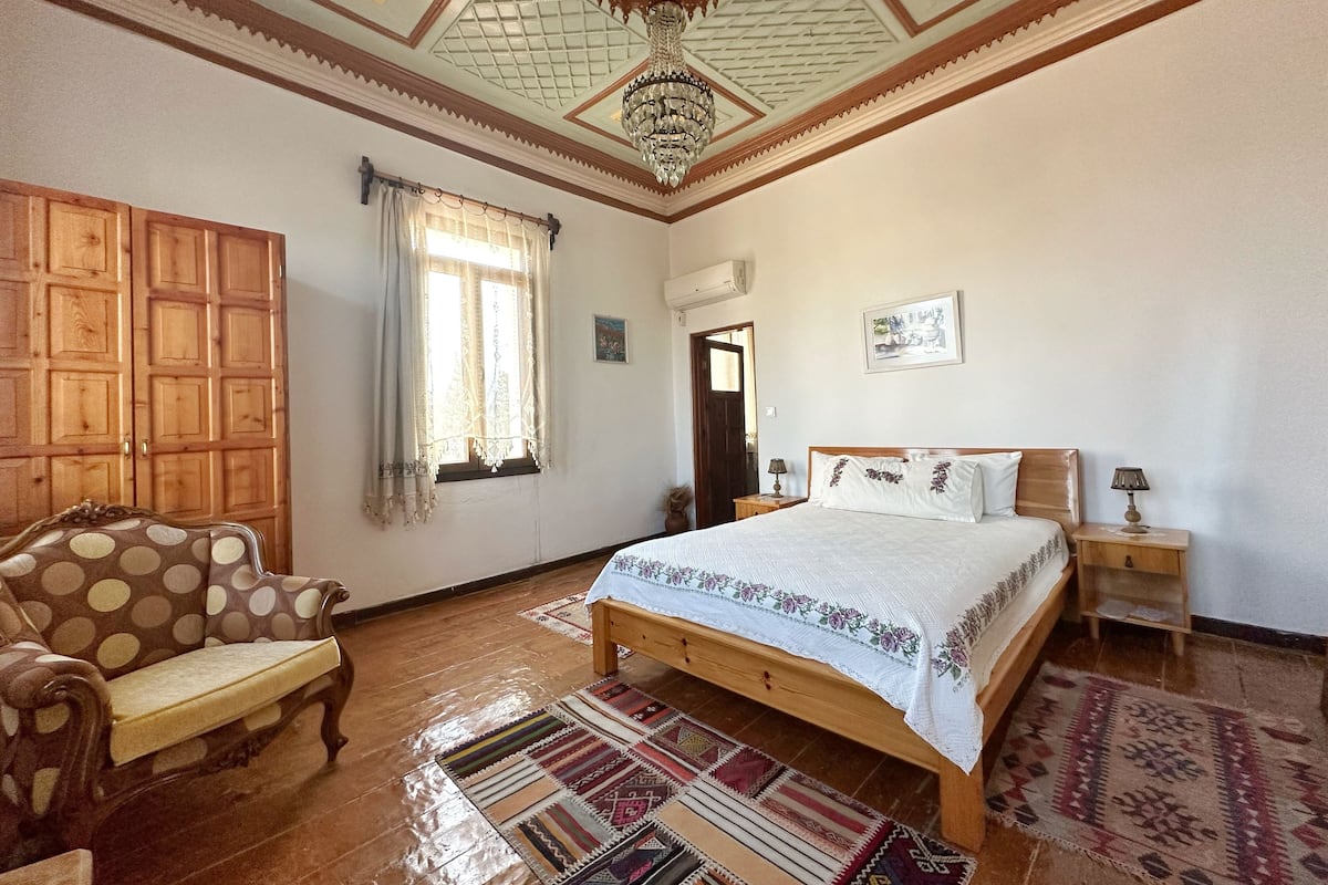 Un dormitorio con una cama de madera, una silla, una lámpara de araña y alfombras estampadas.