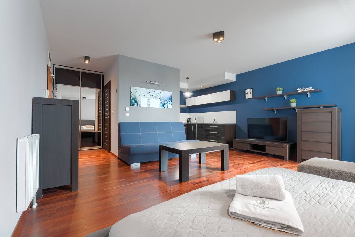Une chambre d’hôtel moderne avec un plancher en bois, un lit recouvert d’une couette blanche, une petite table, un canapé, une télévision et un coin cuisine aux murs et aux étagères bleus.