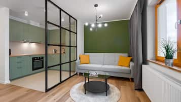 Apartment, Terrace (Powstancow Wielkopolskich 76 street) | Premium bedding, iron/ironing board, free WiFi, bed sheets