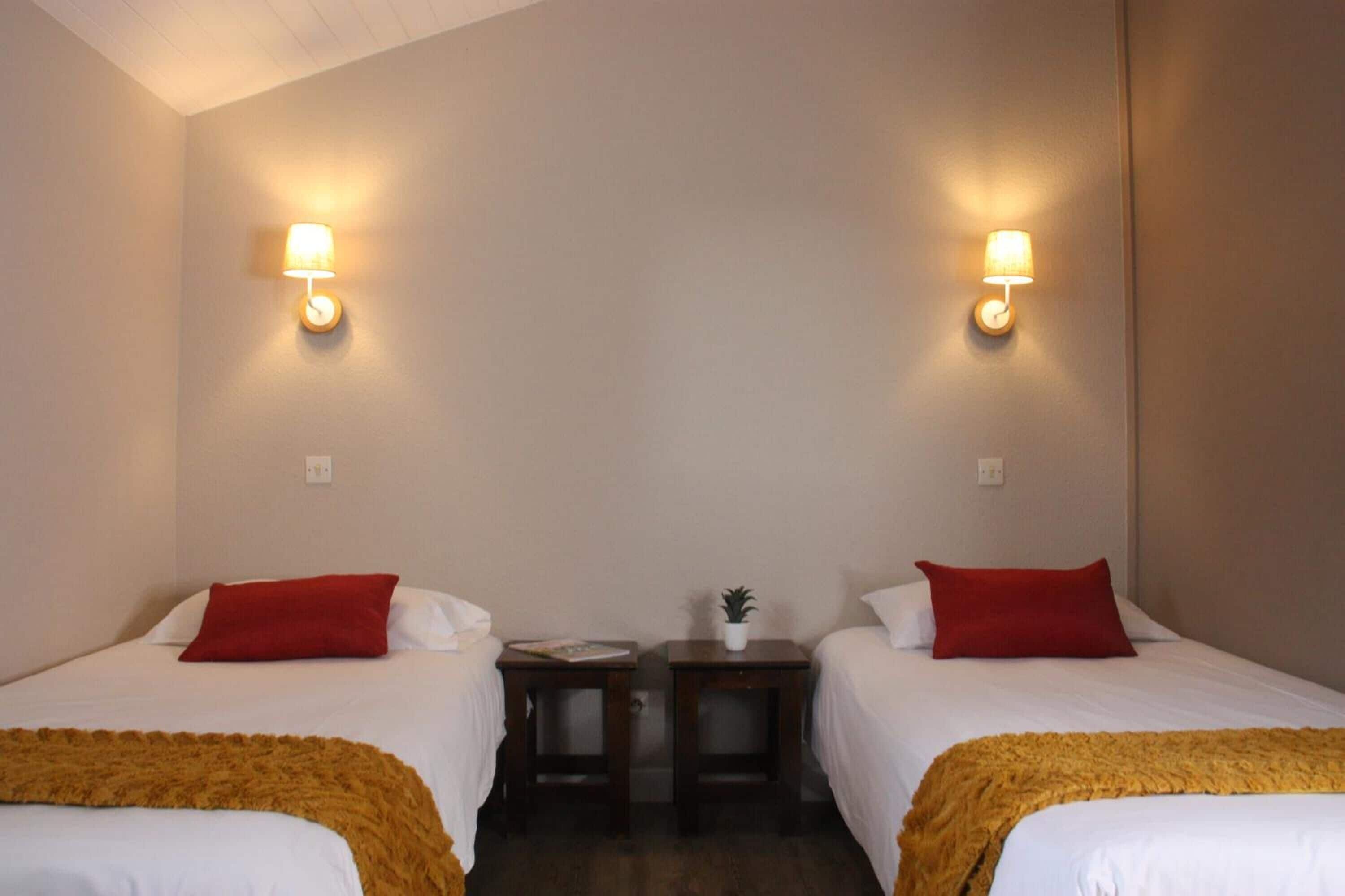 A hotel room with two single beds, each with a red pillow and a brown throw blanket. There are two bedside tables with lamps, a small potted plant, and a nightstand with a book.
