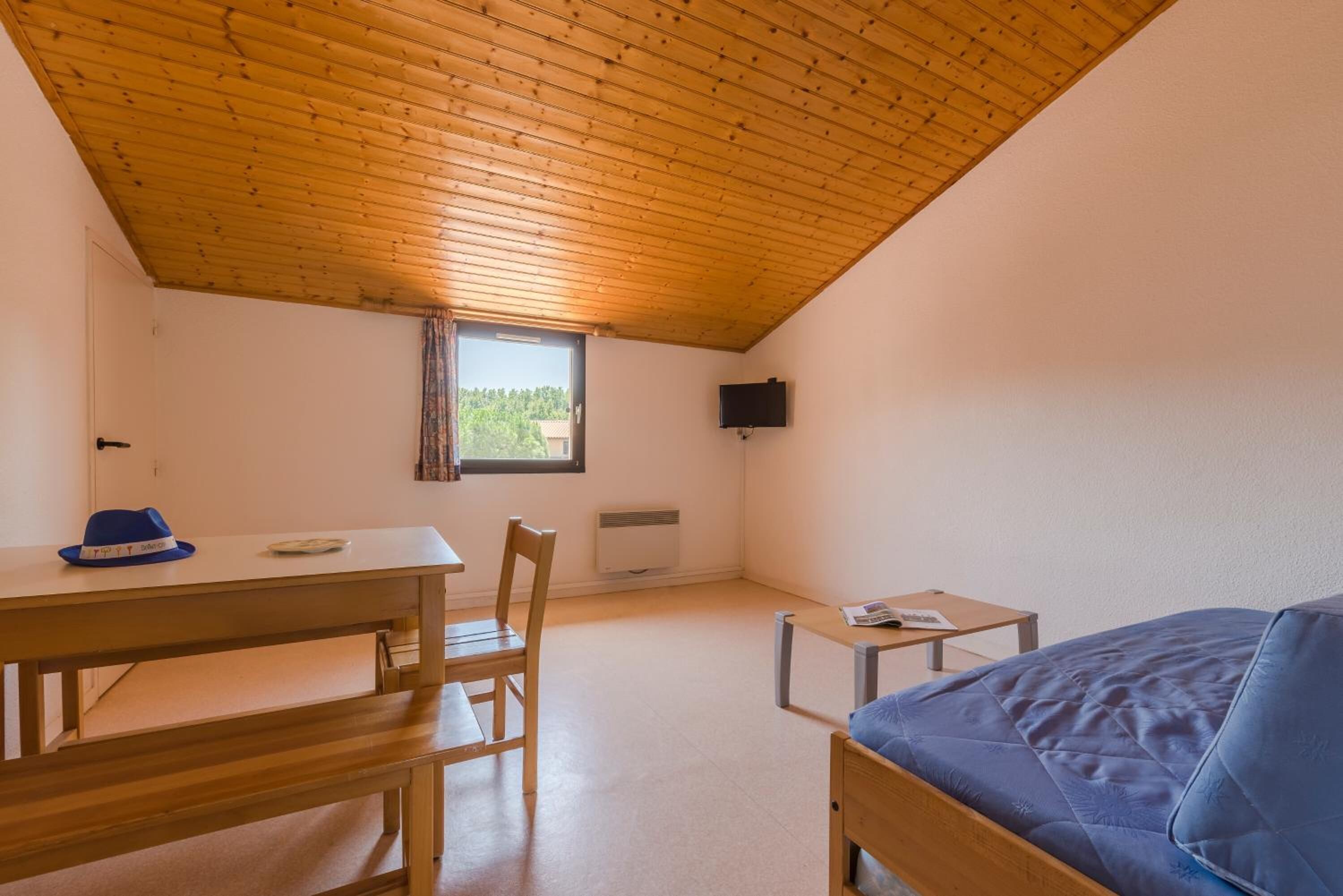 A room with a sloped wooden ceiling, a bed, a desk, a chair, a television, and a window with a view of trees.