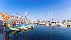 Uma marina com diversos barcos atracados, incluindo veleiros e barcos a motor.