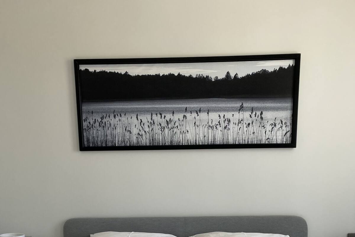 A neatly made bed with a patterned bedspread and two pillows, a bedside table with a lamp, and a framed nature scene on the wall.
