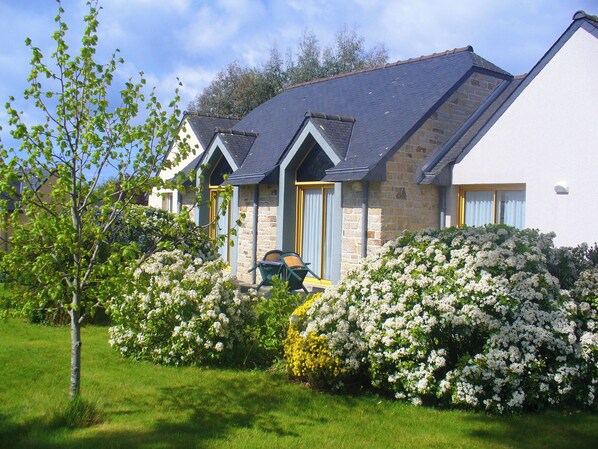 A two-story house with a stone facade, a dark roof, and a well-maintained garden with white flowering bushes.