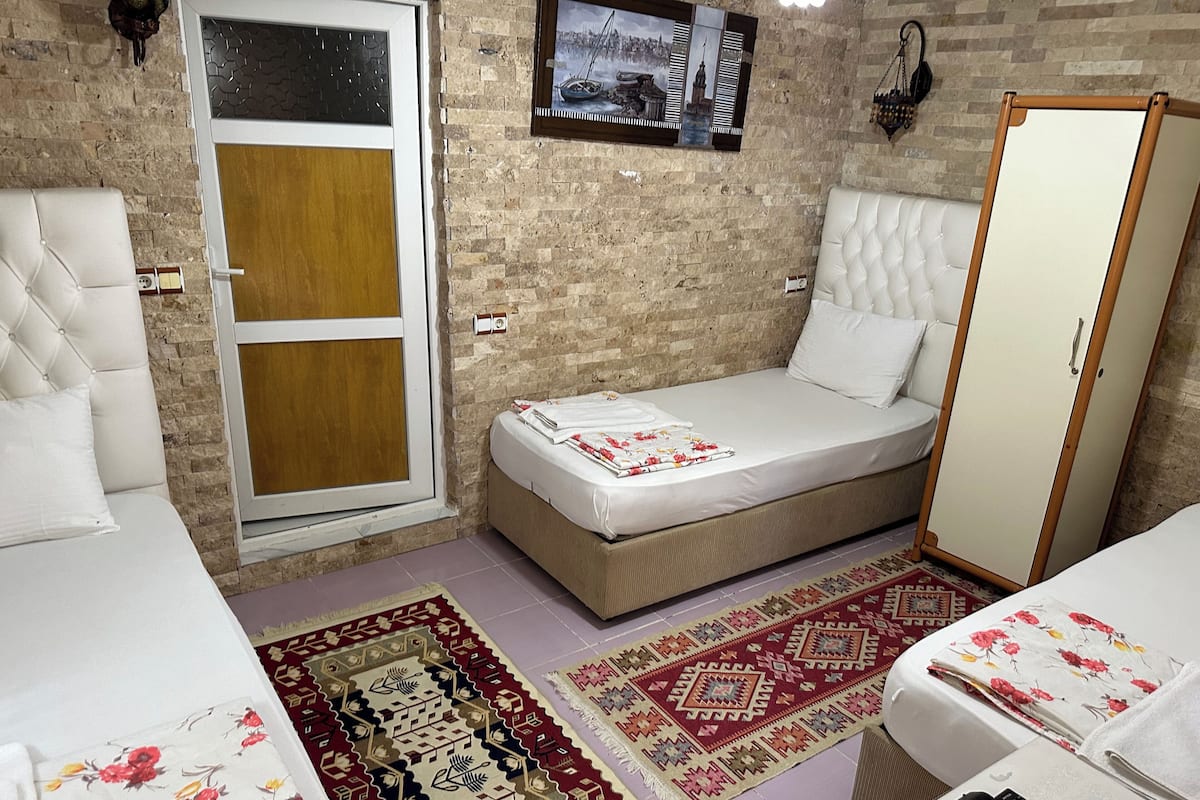 A bedroom with a bed, a wardrobe, a door, and a wall-mounted picture.