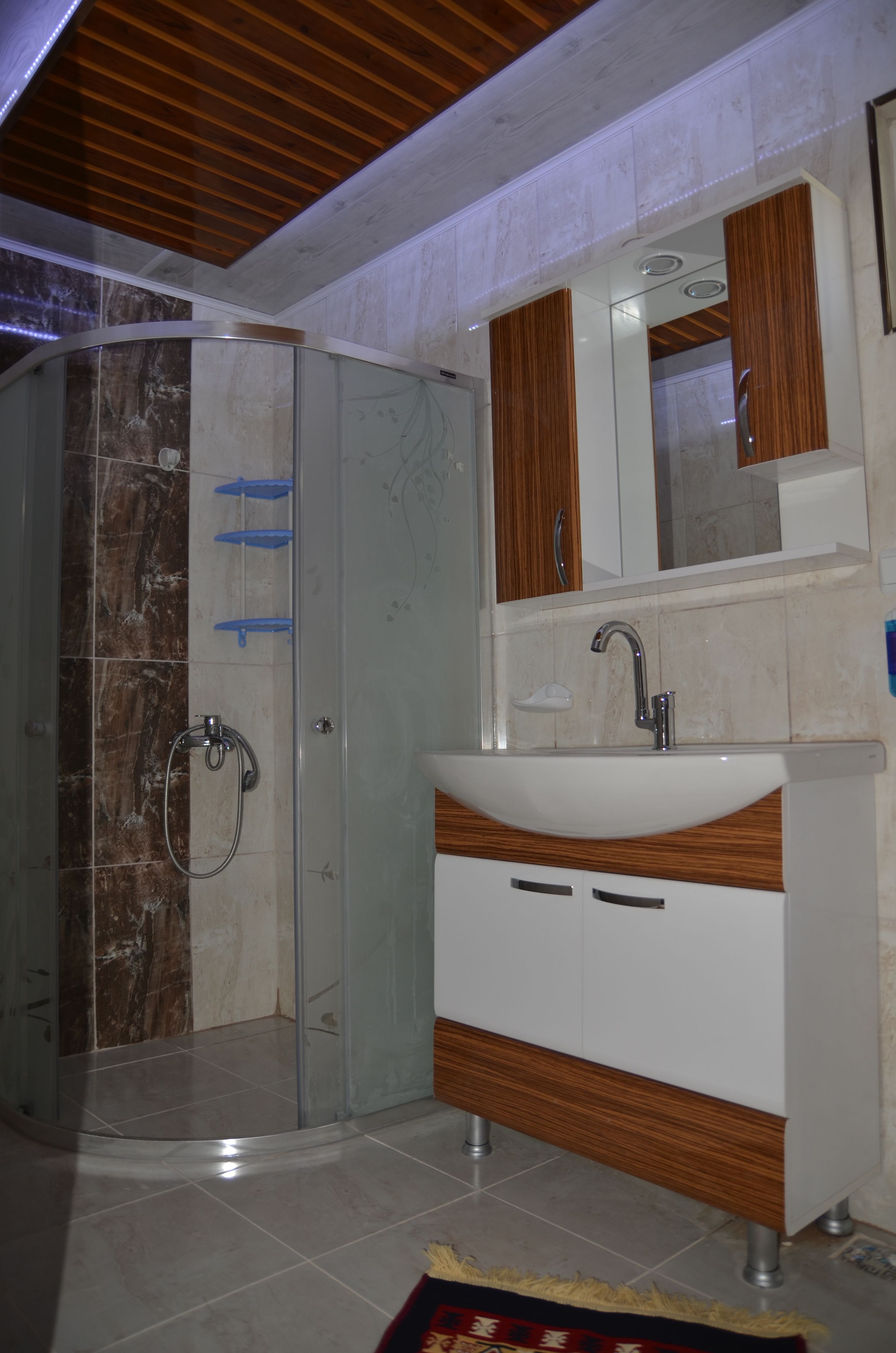 A bathroom with a glass shower enclosure, a sink with a wooden vanity, and a mirror above the sink.