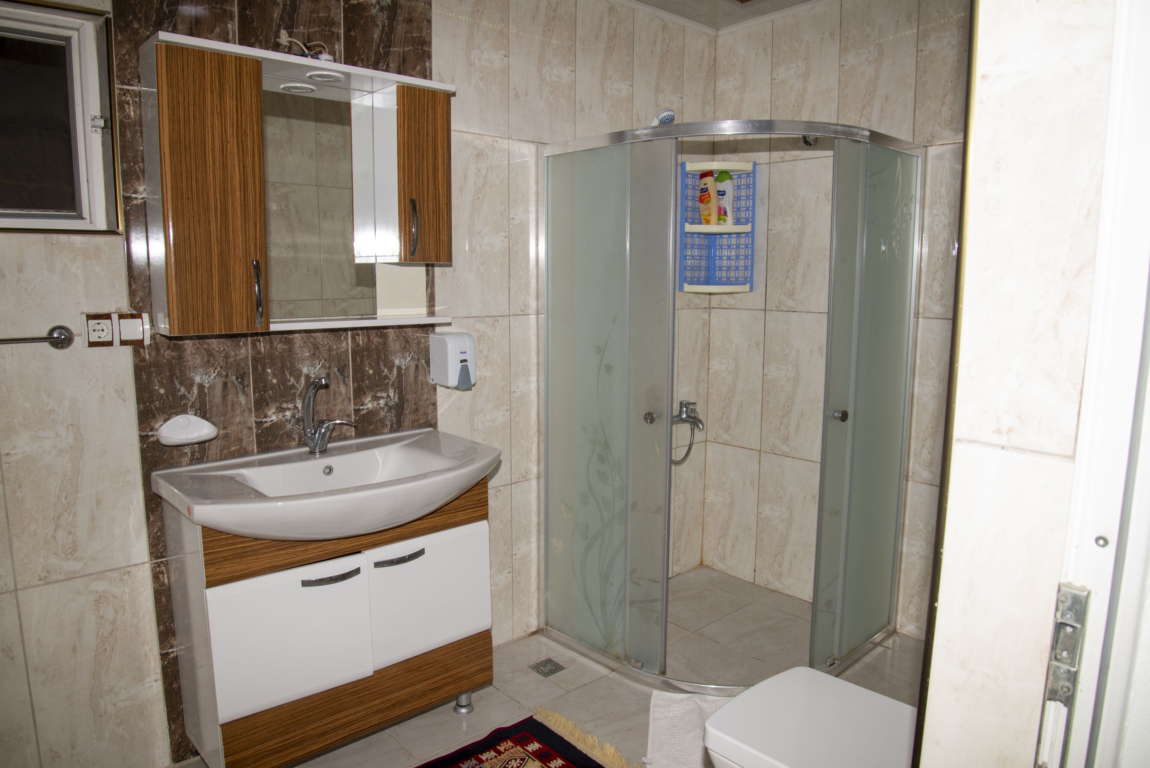 A bathroom with a sink, mirror, cabinet, shower, and toilet.