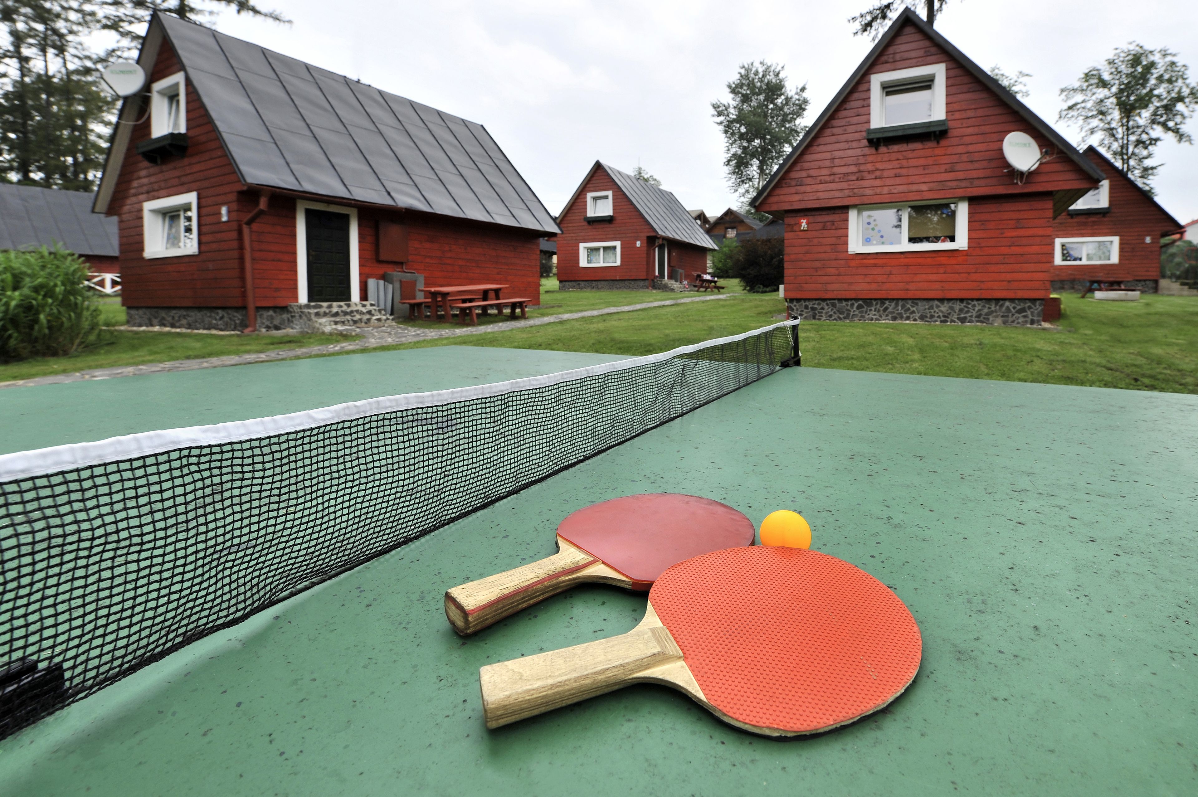 A ping pong table with two paddles and a ball, surrounded by red wooden houses with sloped roofs.