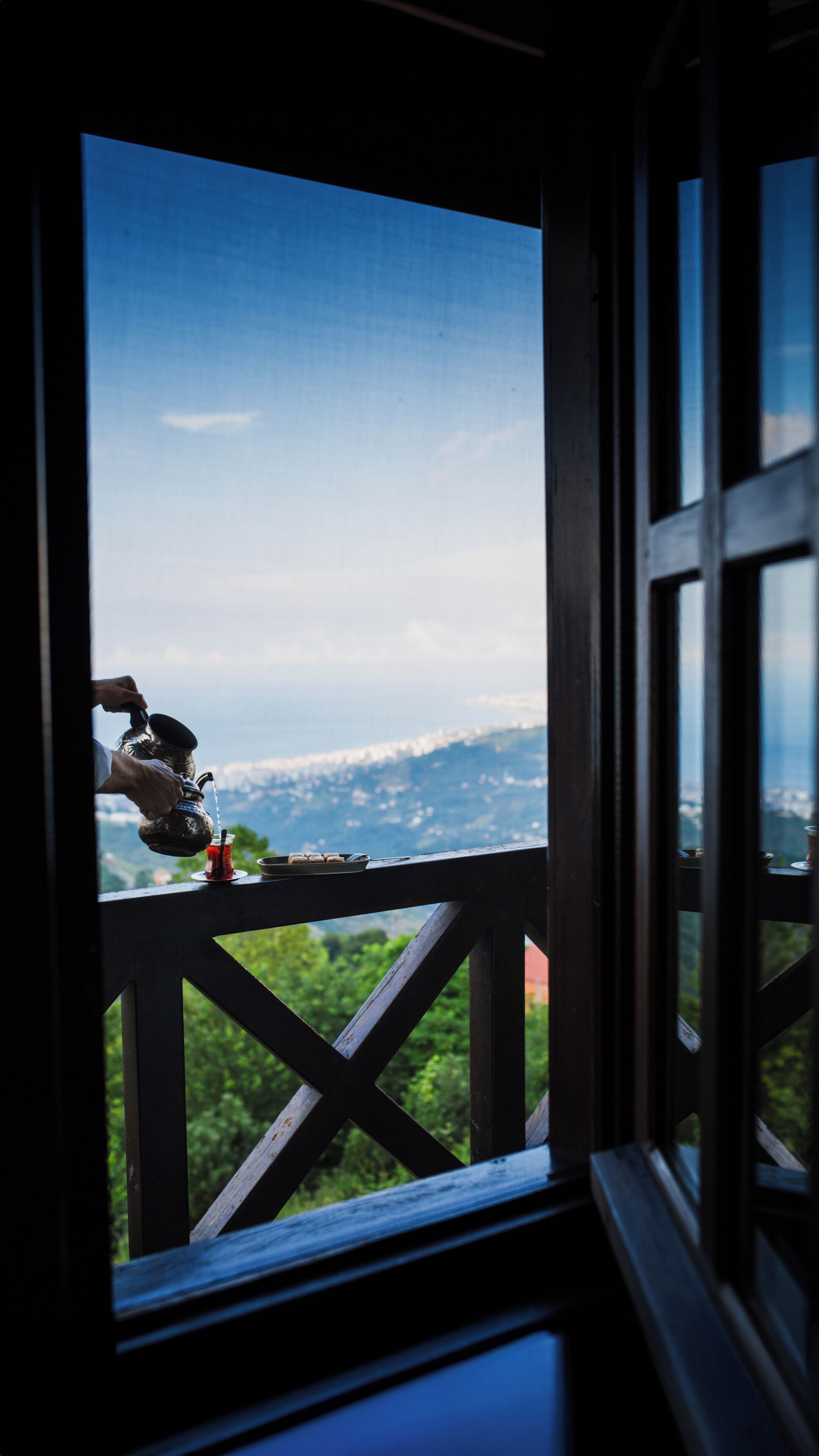 A view through a window with a metal railing, a person pouring a drink, and a distant landscape.