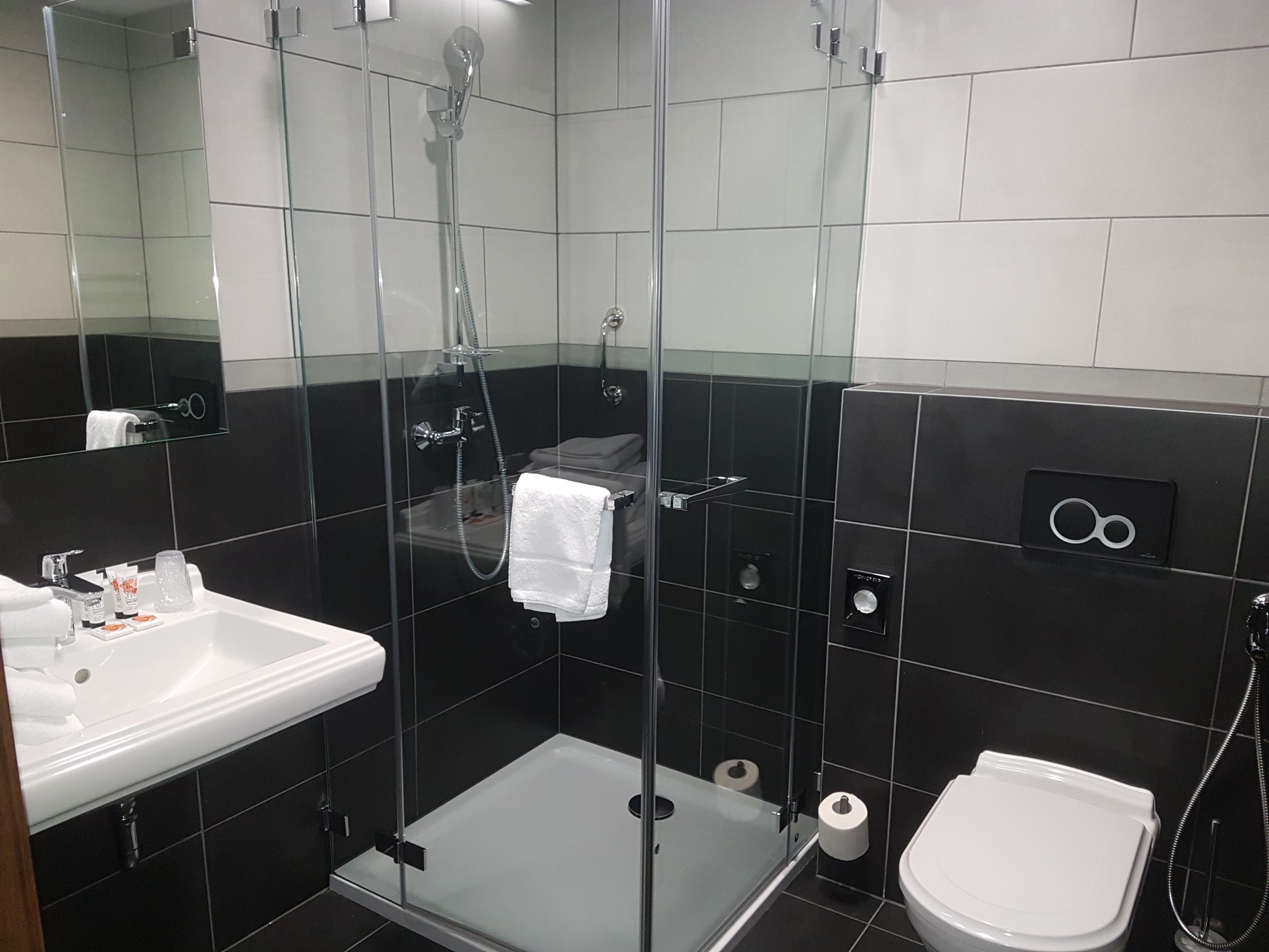 shower, eco-friendly toiletries, hair dryer, towels