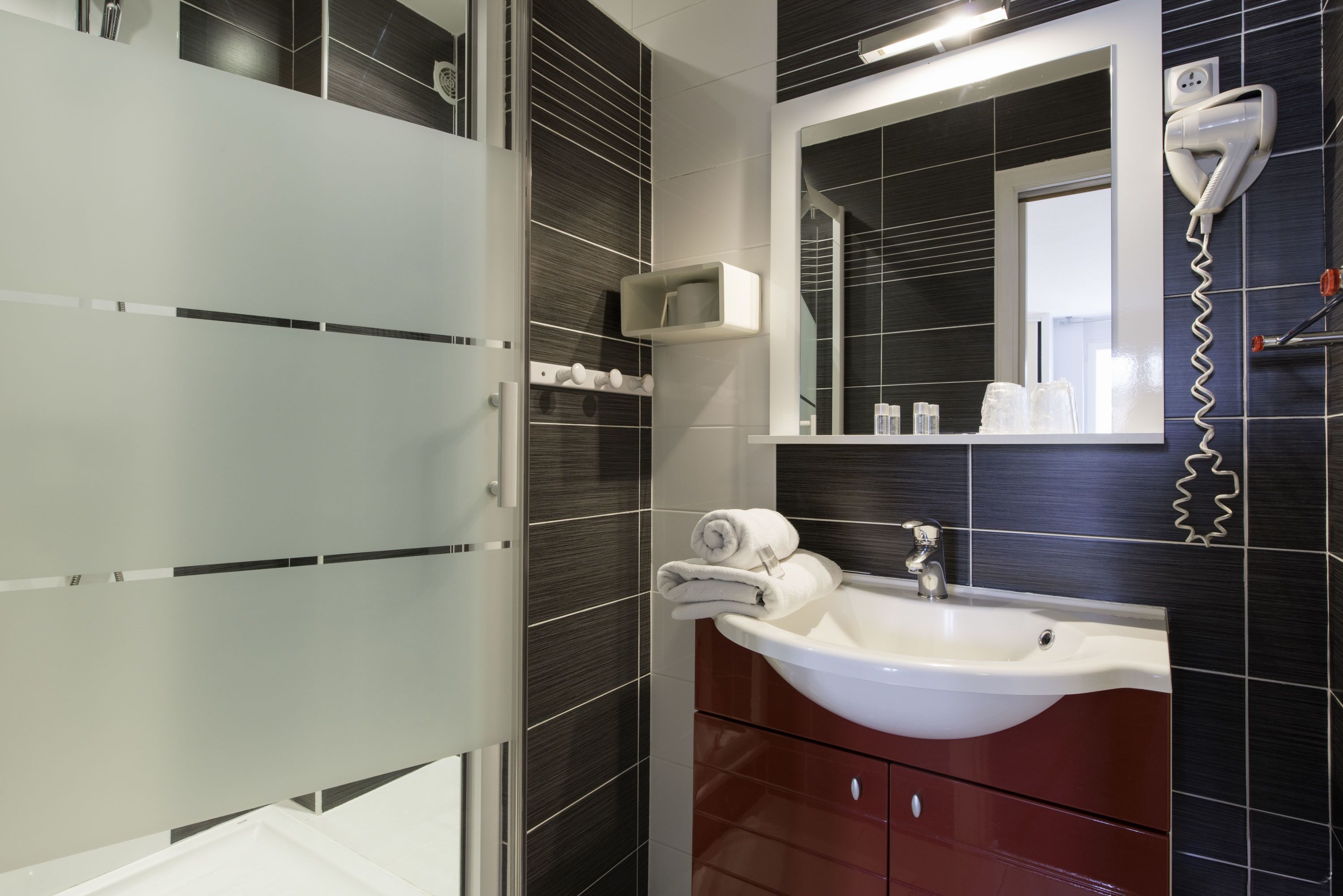 free toiletries, hair dryer, towels