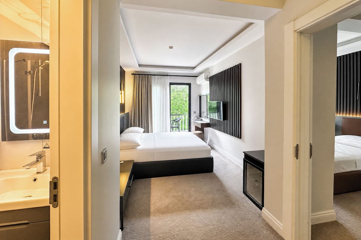 Habitación de hotel con cama, televisor, baño con espejo y balcón.