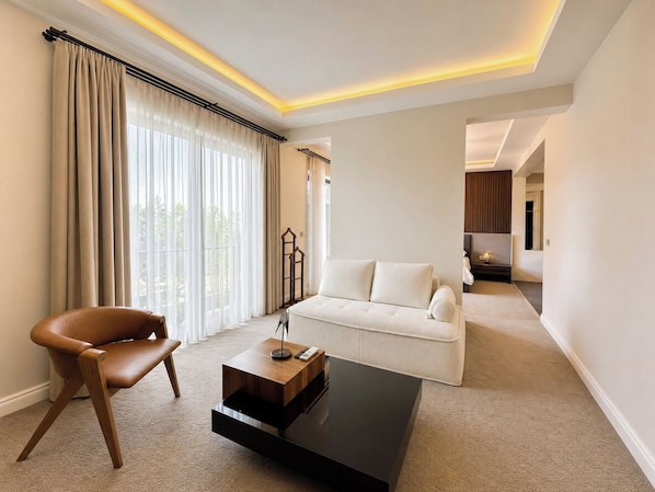 A modern living room with a sofa, a coffee table, and a leather chair.