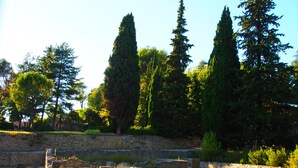 Ancient ruins with stone walls and columns, surrounded by trees and grass. - Hostellerie Le Beffroi (Vaison-la-Romaine)