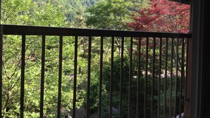 A balcony with a view of a forested mountain and autumn foliage. - Guest House YAMASHITA-YA - Hostel (Nanto)