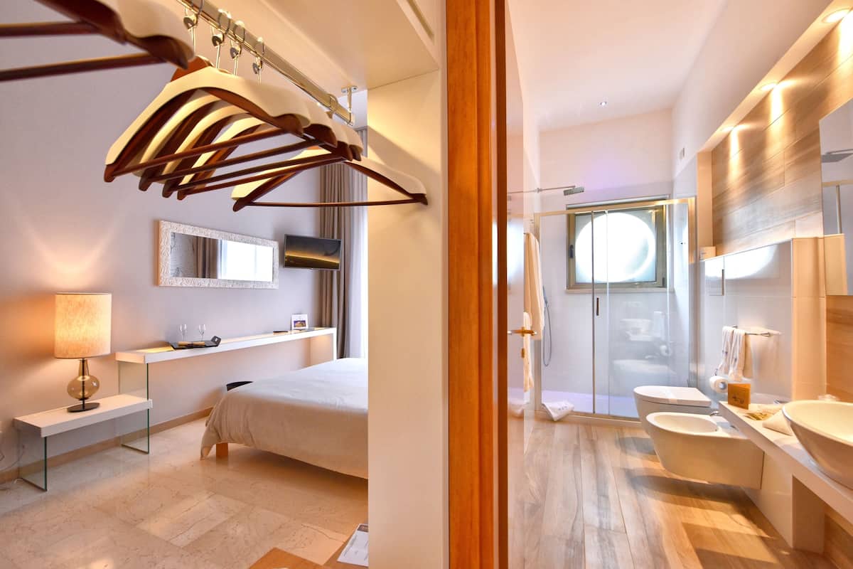 deluxe room | bathroom | shower, free toiletries, hair dryer, bidet