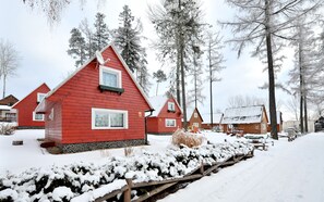 A row of red wooden cabins with snow-covered surroundings, surrounded by tall trees. - APLEND Chaty Lux Tatry Holiday (Velky Slavkov)